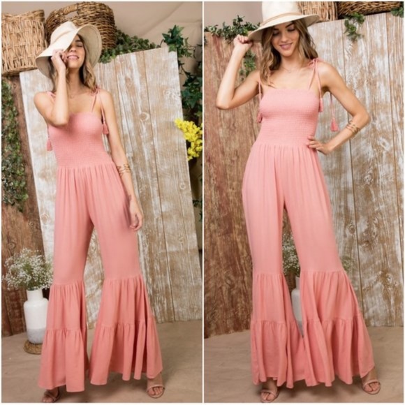 Bellanblue Pants - boho shoulder tie wide leg ruffle smock jumpsuit